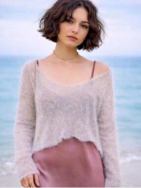 Rag & Bone Vintage Y2K Asymmetrical Cropped Sheer Alpaca Blend Fuzzy Sweater